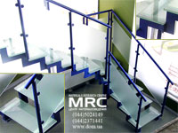 Stair with the turn of march. Framework from the polished black metal with powder-like coverage, fillings of protections and stage of stair from red-hot glass.